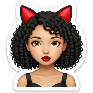 lightskin girl with black curly hair, red lipstick, black cat ears sticker