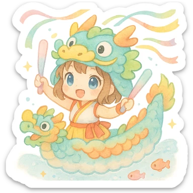 chibi girl dressed as a dragon boat drummer, holding soft pastel drumsticks, standing in a fluffy dragon boat, colorful festival ribbons flying, sparkles and cute mini fish swimming below, soft pastel colors, watercolor texture sticker