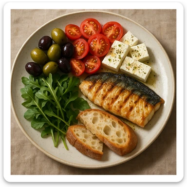 realistic illustration of a colorful Mediterranean meal plate with olives, tomatoes, feta cheese, grilled fish, bread, and fresh greens sticker