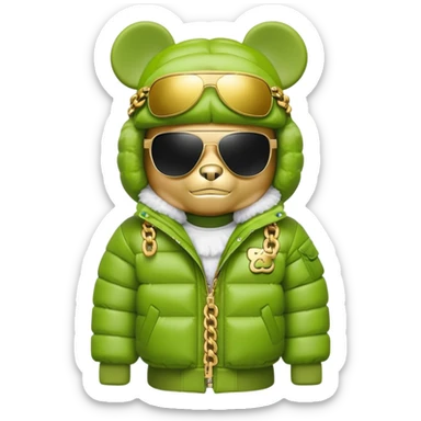 classic bearbrick in lime mask with graffiti tags, wearing sleek one-piece solid sunglasses visor spanning full width of face, oversized puffy jacket with plush fur trim, stacked gold chains, high fashion look sticker
