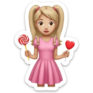 Girl with long dark ponytails wearing light pink body dress holding a lollipop sticker