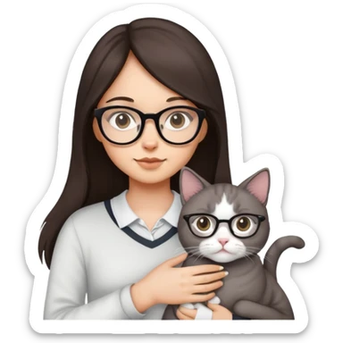 a girl with glasses, long dark brown hair, light skin, with one grey cat and one white cat sticker