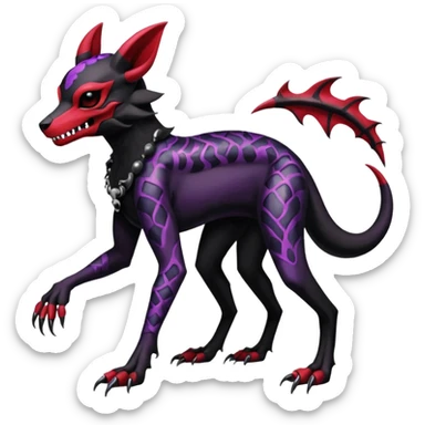 Gothic Black red purple Scaley Exotic Salandit-Umbreon-Noibat-Houndoom-Fakémon-hybrid-creature (full body), 4 legs, skull face mask sticker