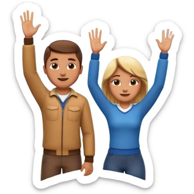 A 3D cartoon couple on top of a hill raising hands in victory, sunny sky and nature background, Memoji-style. sticker