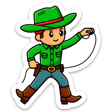 Cowboy wearing a green hat with a lasso sticker