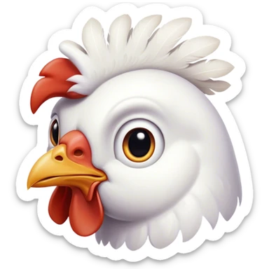 Cinematic Noble White Chicken Portrait Emoji, Poised and regal, with a compact, sturdy build and a pristine, well-groomed pure white plumage, deep-set soulful beady eyes, Simplified yet sharp and sophisticated features, highly detailed, glowing with a soft, dignified glow, high shine, intelligent and alert, stylized with an air of barnyard elegance, focused and attentive, soft glowing outline, capturing the essence of a watchful and confident fowl, so majestic it feels as though it could strut out of the screen with effortless authority! sticker