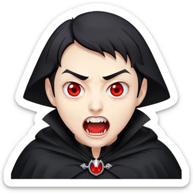 Nam 50 tuổi, mắt đỏ, da trắng, tóc ngắn màu đen,mồm mở rộng, có răng nanh, mặt hơi đáng sợ như ma cà rồng, áo măng tô cổ cao màu đen, nửa thân trên sticker