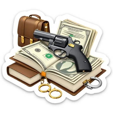 Icon for Action & Crime Reading: open book, with a silhouette of a gun, a bag of money, and a police badge on the pages. Surrounding elements include a pair of handcuffs, a briefcase, and scattered bullet casings. Transparent background. sticker