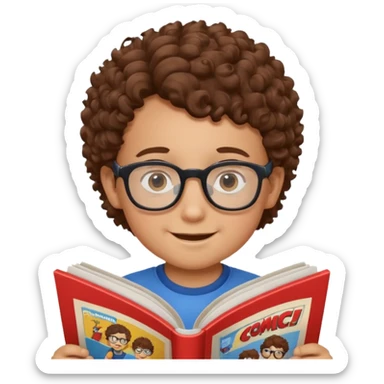 little boy with brown curly hair, wearing glasses, reading comic book sticker