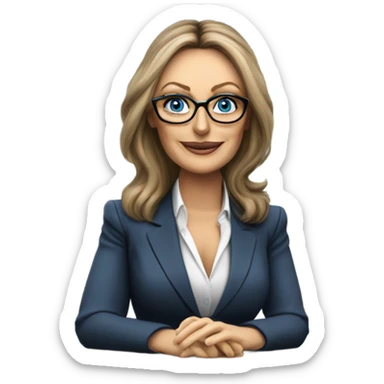 Carol Vordaman blue eyes wearing glasses in a business meeting  sticker
