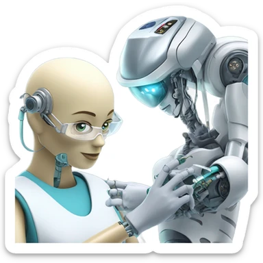 One cyborg performing brain surgery on a robot.  sticker