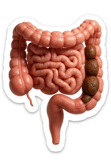 intestino umano anatomico con feci a palline bloccate nel colon, stipsi, iperrealistico 4k sticker