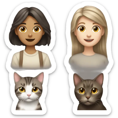A dark brown haired girl and a gray and beige tabby cat sticker