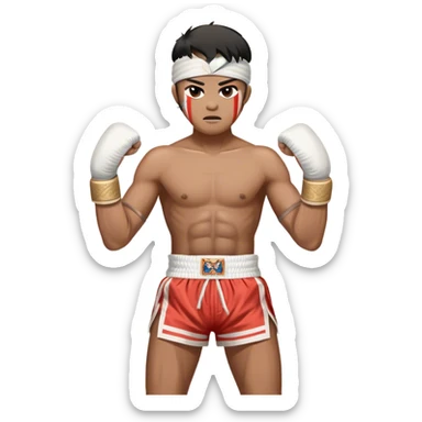 ​Cinematic Realistic Traditional Muay Thai Fighter such as Buakaw Banchamek, depicted in authentic attire featuring white bandaged gloves wrapped around his fists, a traditional headband tied neatly, and classic Muay Thai shorts, captured in a dynamic fighting stance under dramatic, high-energy lighting that highlights the raw power and elegance of the art, sticker