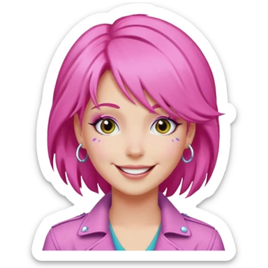 simple emoji of Jem from Jem and the Holograms, classic pink hair, smiling face sticker