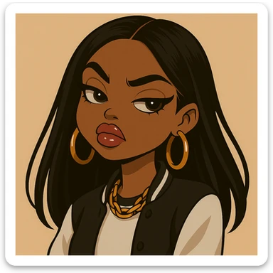 Headshot only of a 20-year-old anime Bratz style woman with dark skin and straight hair, wearing trendy streetwear. She has big expressive eyes, glossy lips, no hat, no tears, and a confident, aloof expression with a snooty attitude and her nose turned up. sticker