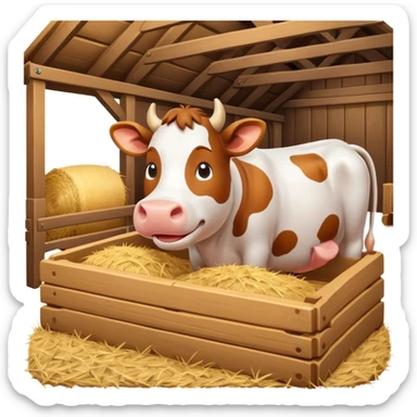 cute cow feeding scene inside a cow barn, wooden stable, hay bales, feeding trough, happy cow eating hay, warm farm lighting, 3D cartoon, mobile game icon style, clean background, no text, no watermark
 sticker