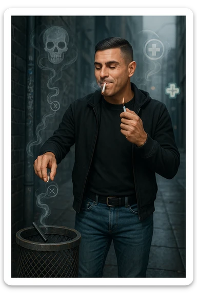 Adult man in casual clothes, inspired by the face in the reference photo, throwing an electronic cigarette into a trash bin while lighting a traditional cigarette with the other hand. Satisfied but unaware expression. In the background, light symbols of smoke and health damage manifesting from both cigarettes. Urban atmosphere, cold light, critical or reflective tone. Realistic style with symbolic accents. sticker