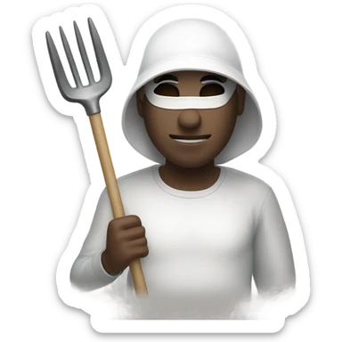 Guy wearing white mask with a pitchfork  sticker