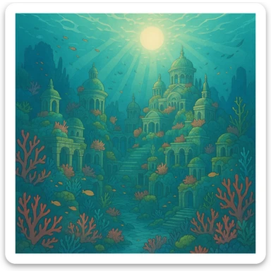 ghibli style Atlantis, mystical sunken city with coral and sea life sticker