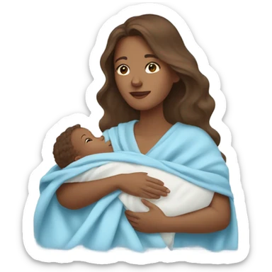 tan woman with long wavy brown hair holding newborn baby boy with light blue blanket  sticker