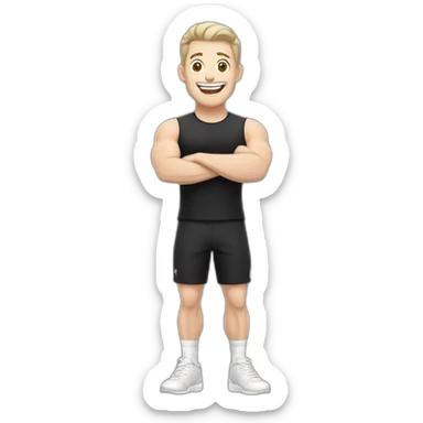 Joyful Celebrating victory Pale skinned Fit Man With the biceps and dark brown hair in black shirt, gray sports shorts and white Sneakers sticker