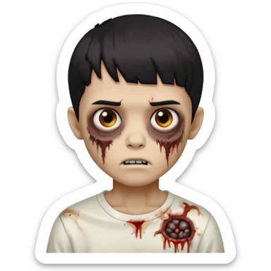 garoto zombie de cabelo liso preto com volume no formato de tigela, olhos marrom escuros, camisa branca, pele morena mas mais branca do que morena sticker