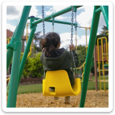 realistic playground swing-set, green frame, one yellow seat, outdoor setting sticker