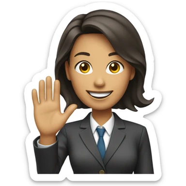 a brunet woman in business suit waving with a nice smile sticker