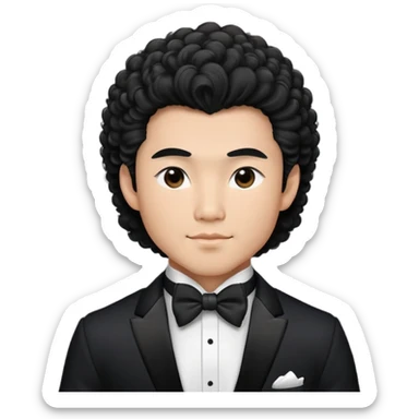 muscular asian dude rich in tuxedo with perm fluffy hair clean boy sticker