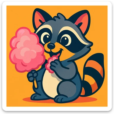 cute raccoon holding and eating pink cotton candy, cartoon style, vibrant colors, playful expression sticker