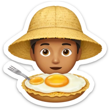 Asian guy with a rice hat eating an egg sticker