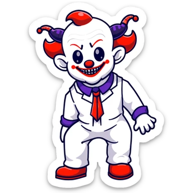 full-body demonic clown in a white leisure suit with bellbottom pants, bald, with black ram horns, wearing elevator shoes, cartoon sticker style sticker