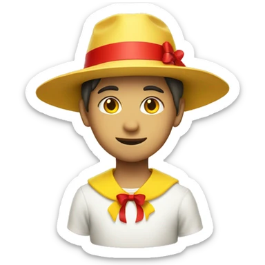 boy with yellow strawhat with a red ribbon sticker