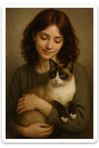 A girl with dark red hair holding a snowshoe cat in her arms, warm and gentle expression, detailed, visually appealing style sticker