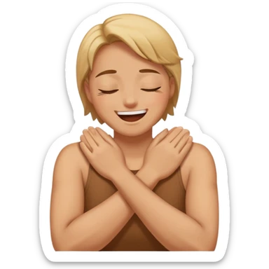 A person with their arms crossed over their neck with eyes closed laughing softly sticker