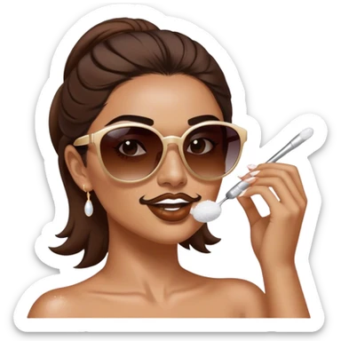 White woman with brown hair posing as salt bae with sunglasses. She is sprinkling salt on top of some makeup sticker