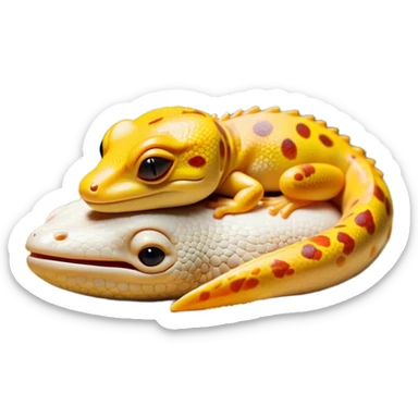 Meme-Worthy Cute Sleeping Gecko Portrait Emoji, Head resting peacefully with a contented smile, showcasing a diminutive, patterned body with smooth scales and eyes gently closed in serene slumber, Simplified yet adorably endearing features, highly detailed, glowing with a soft, drowsy tropical light, high shine, relaxed and utterly lovable, stylized with an air of playful laziness, soft glowing outline, capturing the essence of a sleeping gecko that feels destined to become the next viral icon of adorable rest! sticker