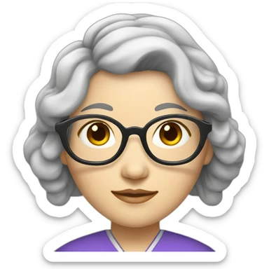 Chinese lady with lightly wavy grey hair to the shoulder lens wear glasses with Chinese dress sticker