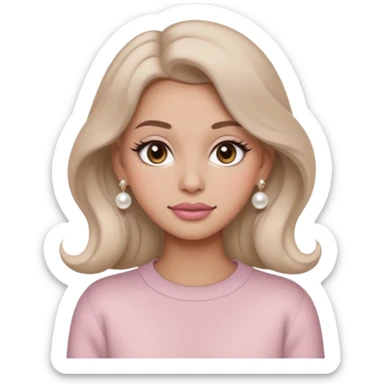 “Emoji girl, soft matte skin, neutral taupe eyeshadow, light rose lips, subtle contour, pearl earrings, loose waves, wearing cream cashmere sweater.” sticker