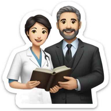husband age 50 dark brown hair trimmed beard wearing dark business suit holding bible, wife asian age 50 black hair wearing nurse uniform, no children sticker