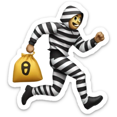 Burglar in white and black stripes running away with a bag of money over his shoulder sticker