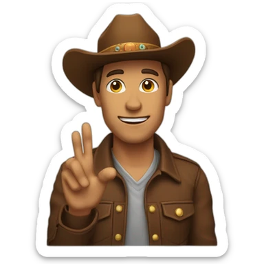 A man wearing a brown cowboy hat and waving his hand down the middle of the hat sticker