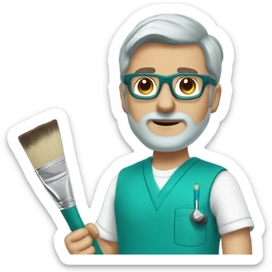 male dark blond doctor with grey beard with hazel eyes and small wire glasses in teal scrubs holding a paintbrush and paint can sticker