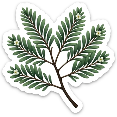 green pine leaves, small flowers, thin ebony branches, dull colored filigree design sticker