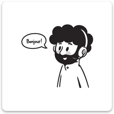 Anime-style character saying "Bonjour!", with black hair, brown eyes, black beard, wearing gaming headphones, Japanese animation style sticker