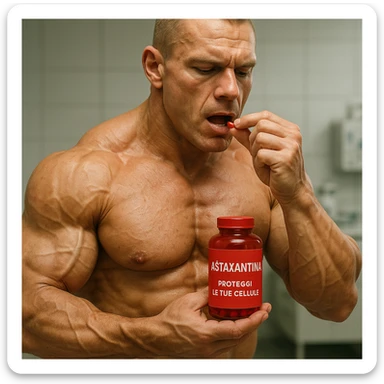 hyper realistic bodybuilder taking astaxanthin, well visible muscles, red bottle labeled 'Astaxantina', text 'Proteggi le tue cellule', clinical atmosphere, realistic details sticker