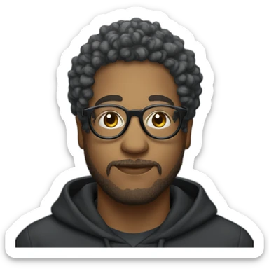 Portuguese man with glasses, short curly hair, wearing a black hoodie sticker