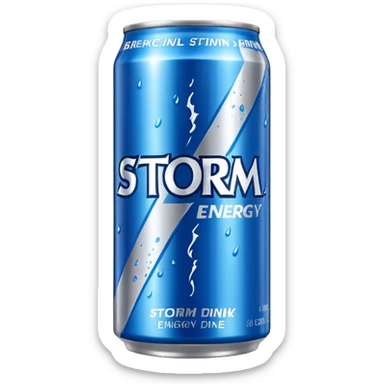A soda named storm energy drink and by hraj a storm brand sticker