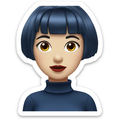 Girl with short dark blue hair and bangs, red lips, wearing a white turtleneck sticker
